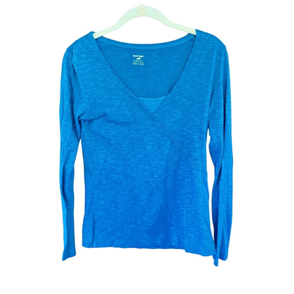 Horny Toad Women Small Green Blue V-Neck Faux Wrap Long Sleeve Slub Knit T-Shirt